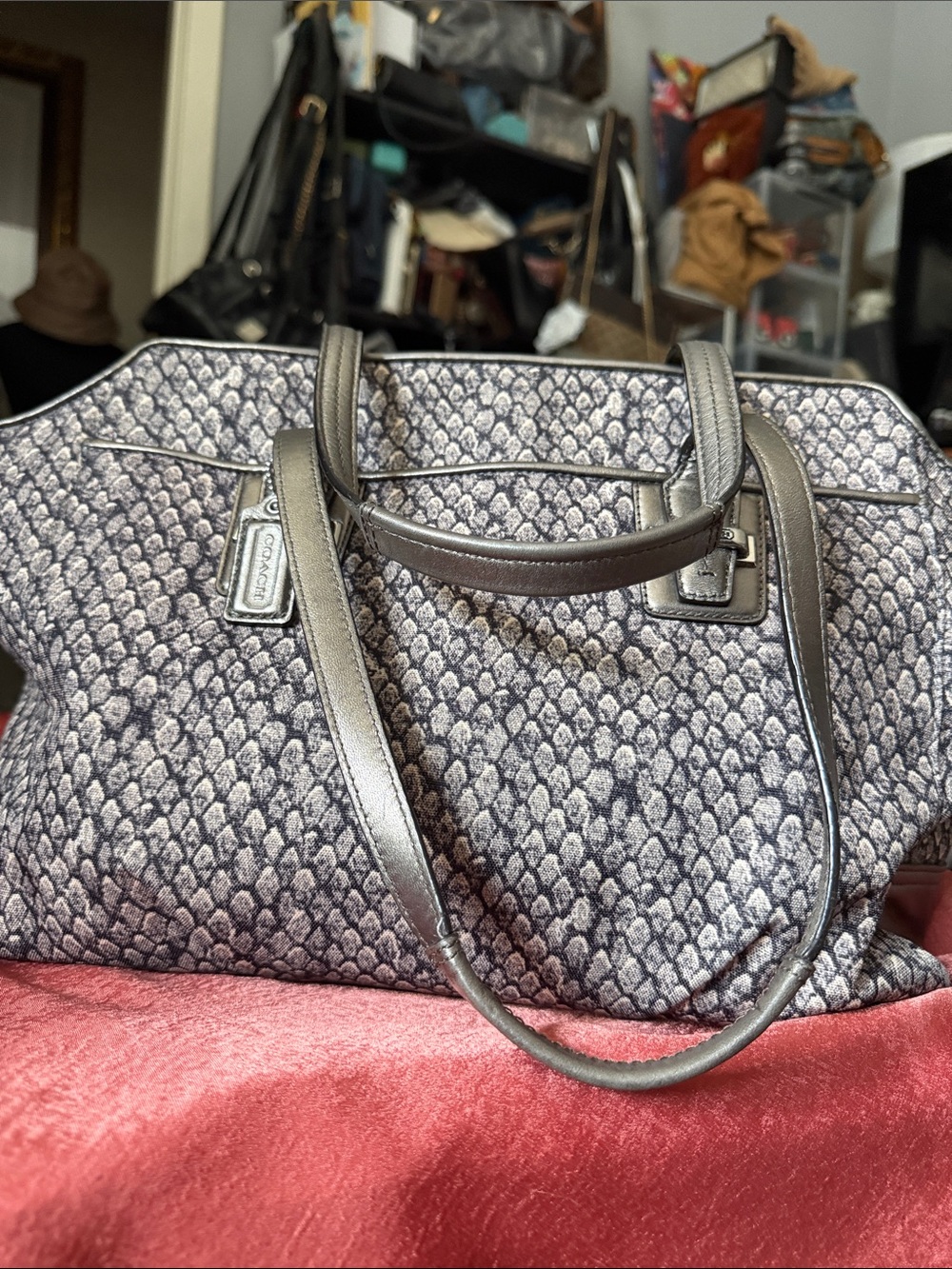 Coach Gray Patterned Tote with Pewter Leather Trim